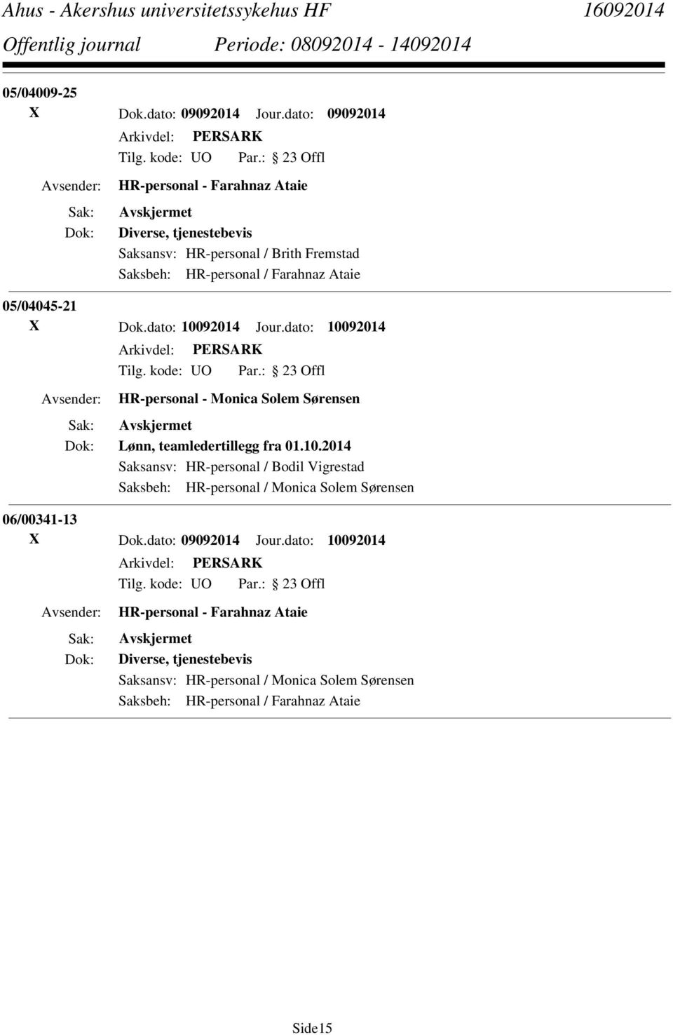 05/04045-21 X Dok.dato: 10092014 Jour.dato: 10092014 HR-personal - Monica Solem Sørensen Lønn, teamledertillegg fra 01.10.2014 Saksansv: HR-personal / Bodil Vigrestad Saksbeh: HR-personal / Monica Solem Sørensen 06/00341-13 X Dok.