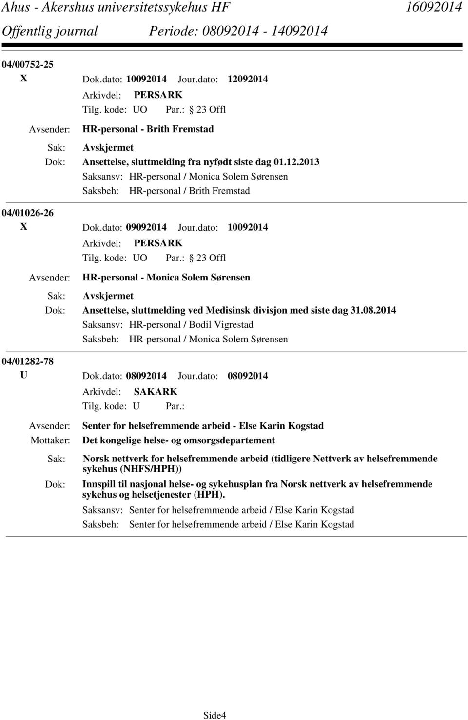 2014 Saksansv: HR-personal / Bodil Vigrestad Saksbeh: HR-personal / Monica Solem Sørensen 04/01282-78 U Dok.dato: 08092014 Jour.dato: 08092014 Tilg. kode: U Par.