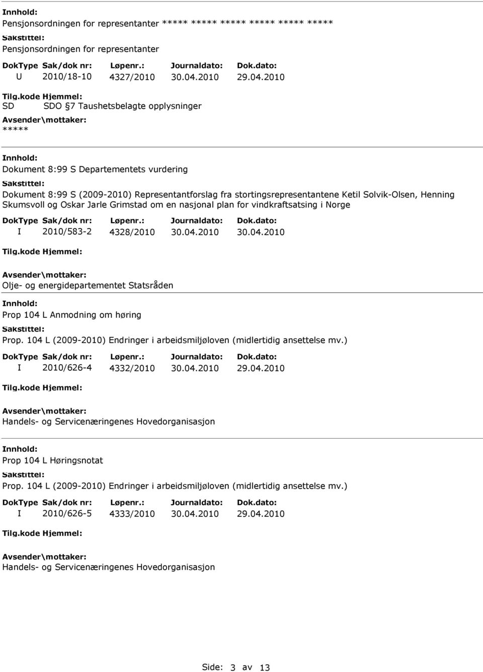 Henning Skumsvoll og Oskar Jarle Grimstad om en nasjonal plan for vindkraftsatsing i Norge 2010/583-2 4328/2010 Olje- og energidepartementet Statsråden Prop 104 L Anmodning om høring Prop.