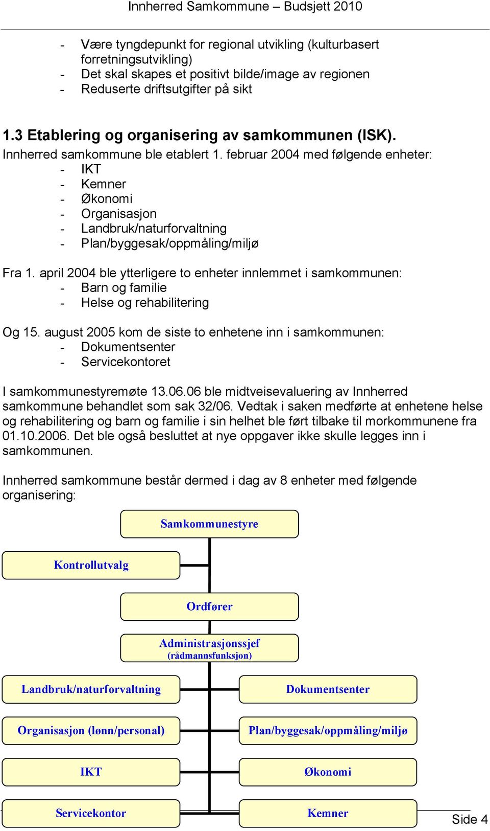 februar 2004 med følgende enheter: - IKT - Kemner - Økonomi - Organisasjon - Landbruk/naturforvaltning - Plan/byggesak/oppmåling/miljø Fra 1.