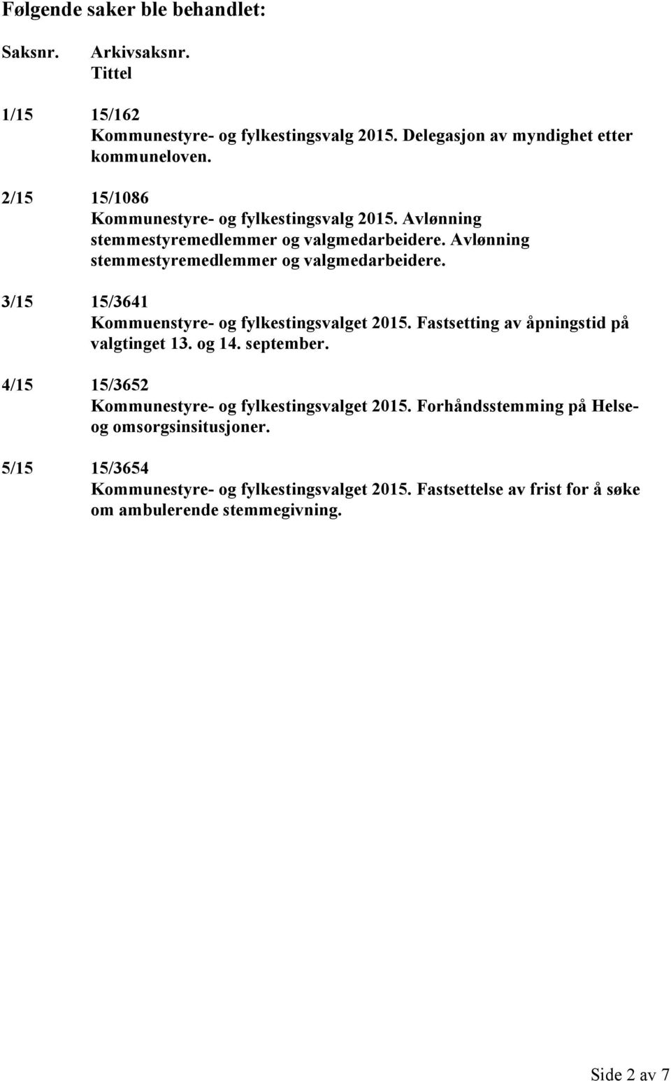 Fastsetting av åpningstid på valgtinget 13. og 14. september. 4/15 15/3652 Kommunestyre- og fylkestingsvalget 2015. Forhåndsstemming på Helseog omsorgsinsitusjoner.