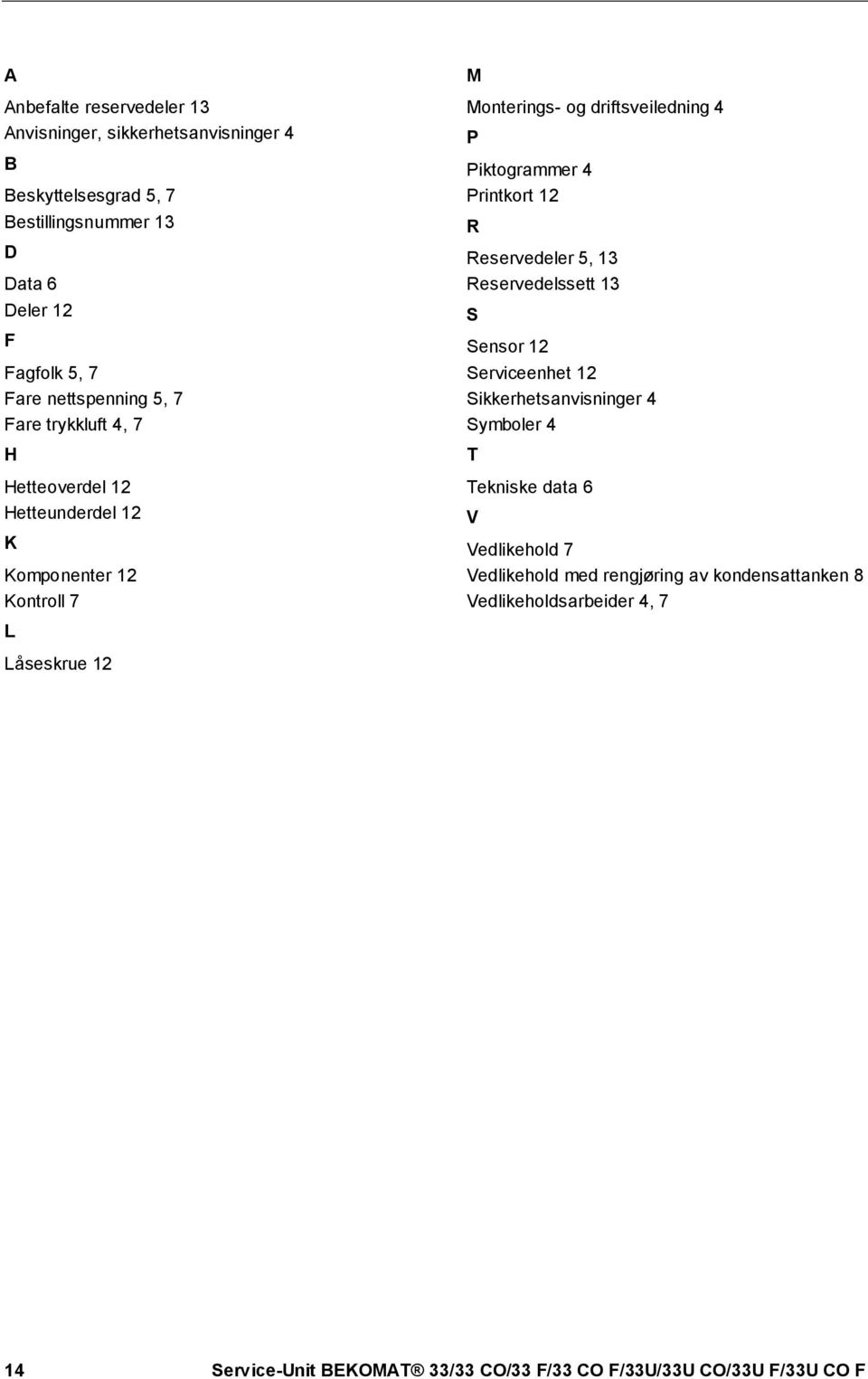 Piktogrammer 4 Printkort 12 R Reservedeler 5, 13 Reservedelssett 13 S Sensor 12 Serviceenhet 12 Sikkerhetsanvisninger 4 Symboler 4 T Tekniske data 6 V