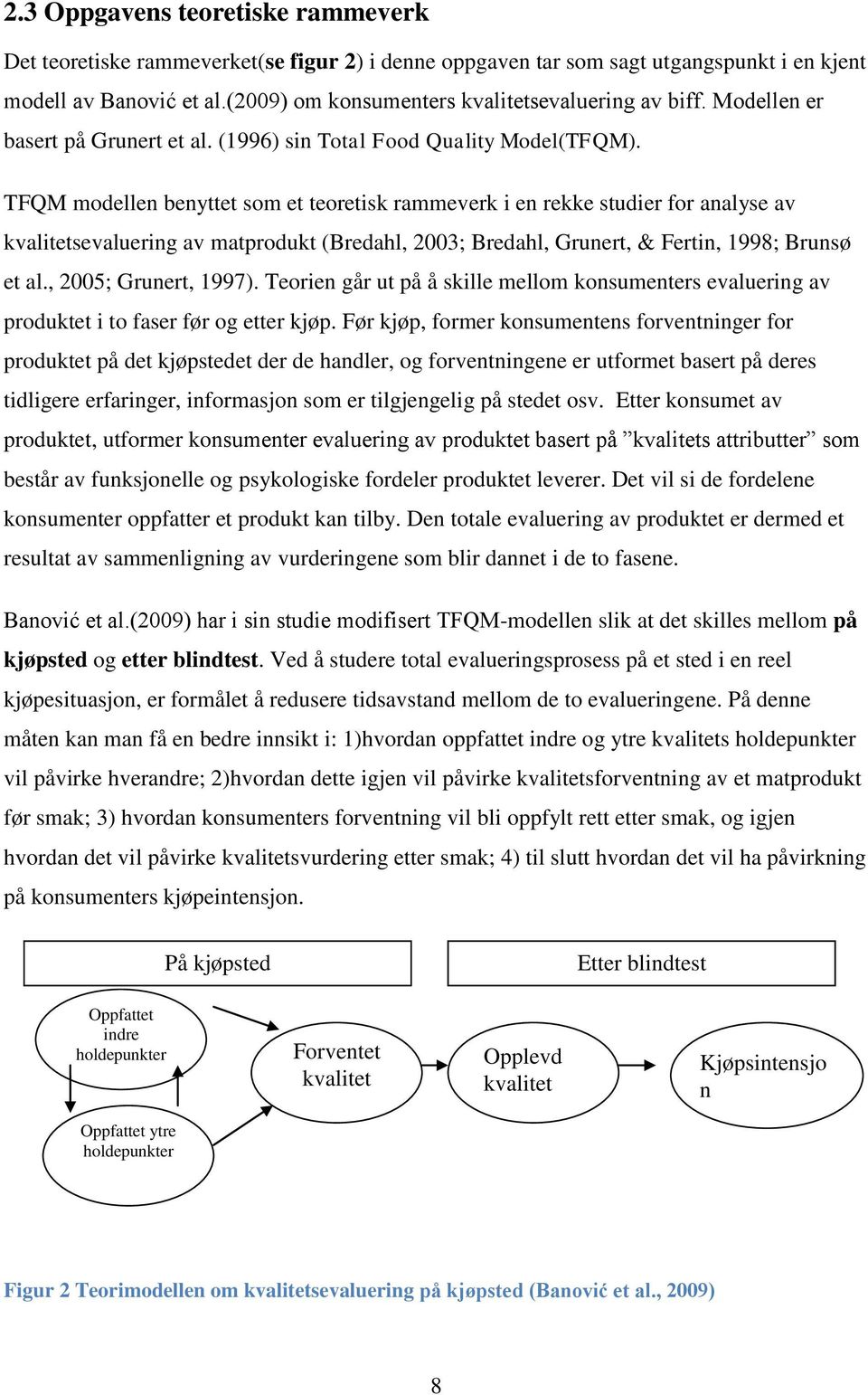 TFQM modellen benyttet som et teoretisk rammeverk i en rekke studier for analyse av kvalitetsevaluering av matprodukt (Bredahl, 2003; Bredahl, Grunert, & Fertin, 1998; Brunsø et al.