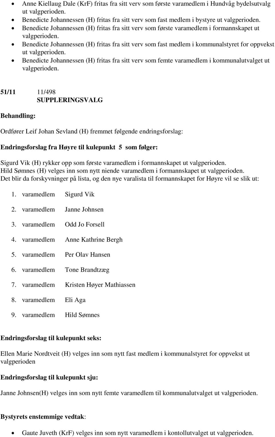 verv som femte varamedlem i kommunalutvalget ut 51/11 11/498 SUPPLERINGSVALG Ordfører Leif Johan Sevland (H) fremmet følgende endringsforslag: Endringsforslag fra Høyre til kulepunkt 5 som følger: