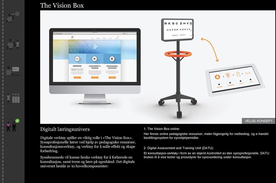 Synshemmede vil kunne bruke verktøy for å forberede en konsultasjon, samt trene og lære på egenhånd. Det digitale universet består av to hovedkomponenter: 1.