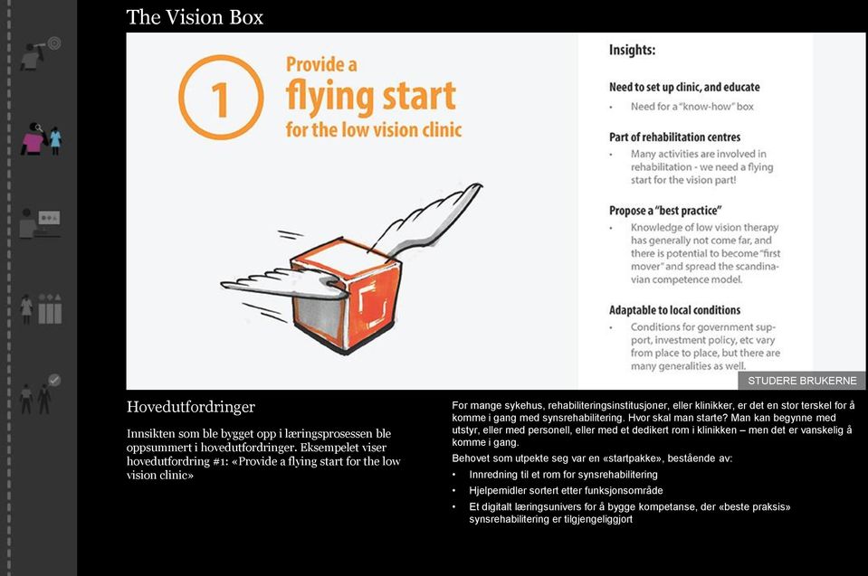 komme i gang med synsrehabilitering. Hvor skal man starte? Man kan begynne med utstyr, eller med personell, eller med et dedikert rom i klinikken men det er vanskelig å komme i gang.
