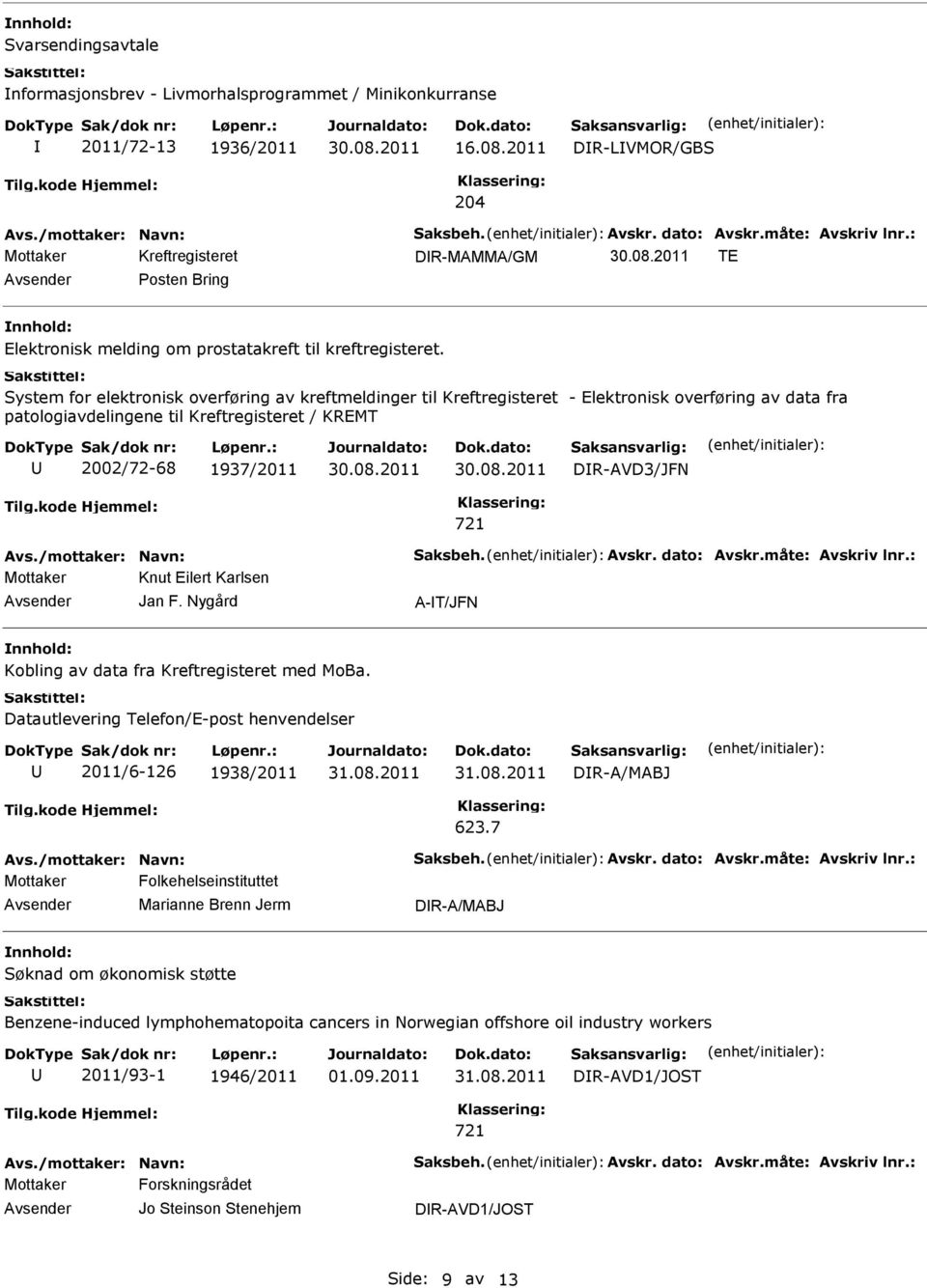 System for elektronisk overføring av kreftmeldinger til Kreftregisteret - Elektronisk overføring av data fra patologiavdelingene til Kreftregisteret / KREMT 2002/72-68 1937/2011 DR-AVD3/JFN 721