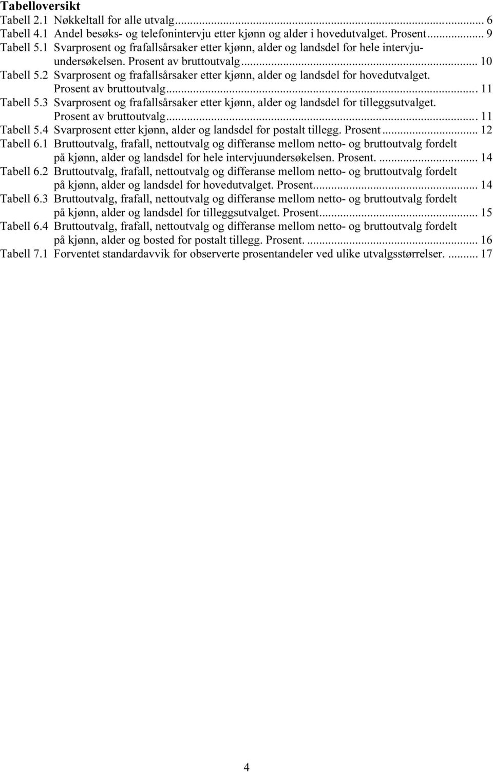 2 Svarprosent og frafallsårsaker etter kjønn, alder og landsdel for hovedutvalget. Prosent av bruttoutvalg...11 Tabell 5.