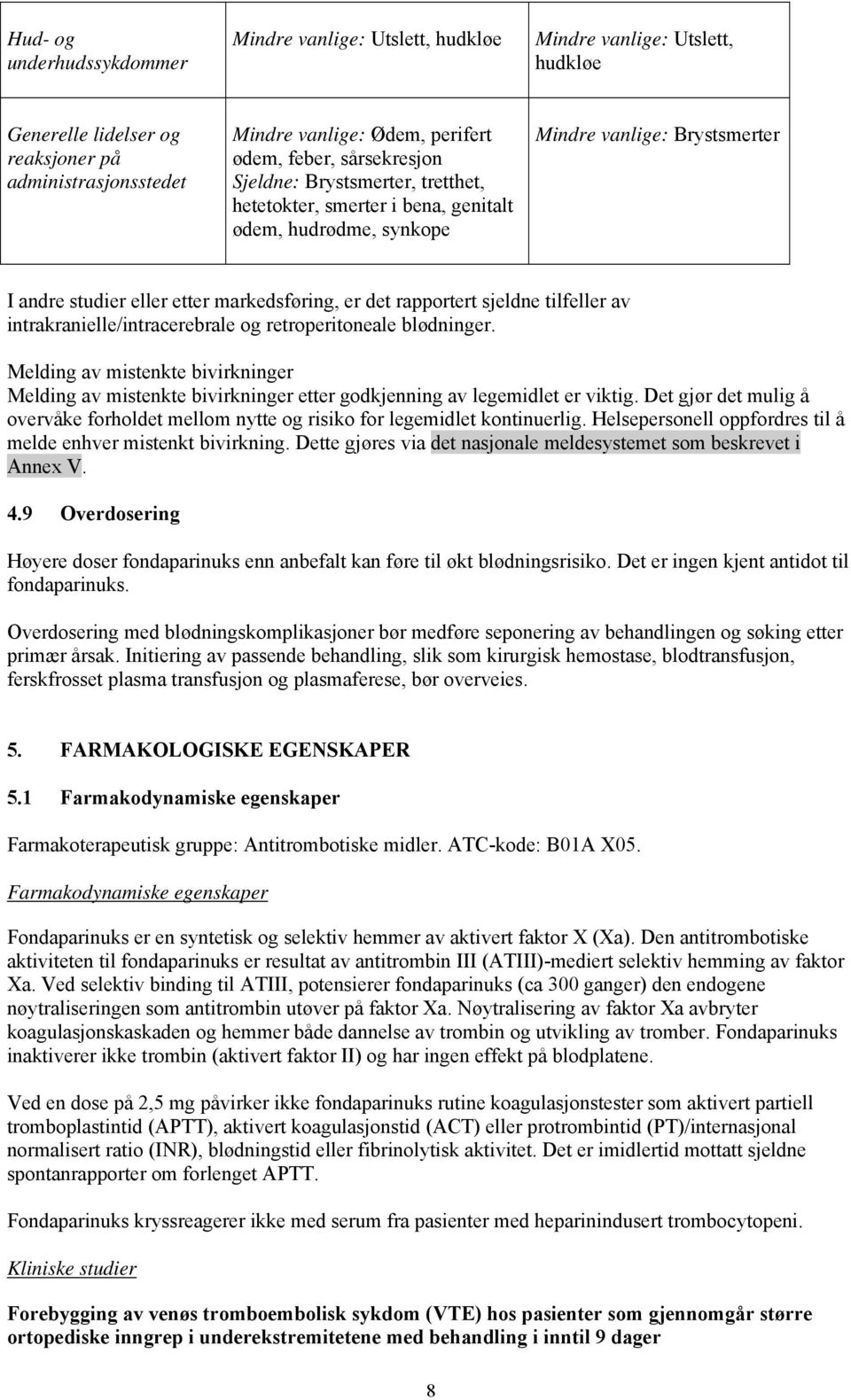 sjeldne tilfeller av intrakranielle/intracerebrale og retroperitoneale blødninger. Melding av mistenkte bivirkninger Melding av mistenkte bivirkninger etter godkjenning av legemidlet er viktig.