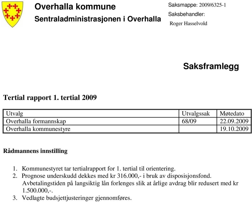 Kommunestyret tar tertialrapport for 1. tertial til orientering. 2. Prognose underskudd dekkes med kr 316.000,- i bruk av disposisjonsfond.