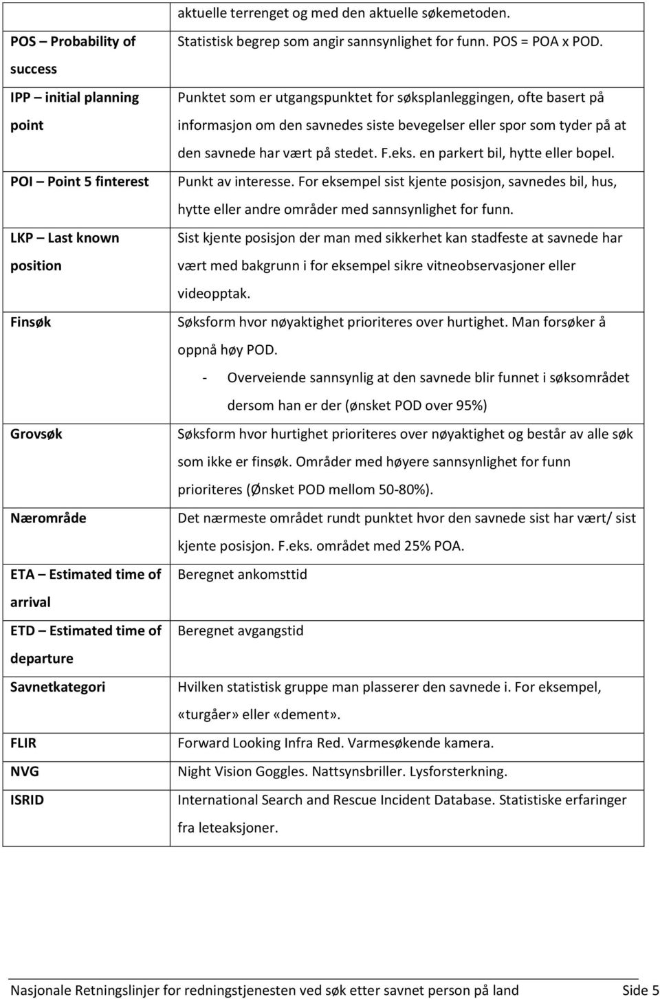 Savnetkategori FLIR NVG ISRID Statistisk begrep som angir sannsynlighet for funn. POS = POA x POD.