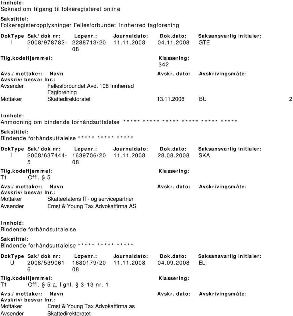 2008 BU 2 Anmodning om bindende forhåndsuttalelse ***** ***** ***** ***** ***** ***** Bindende forhåndsuttalelse ***** ***** ***** I 2008/637444-1639706/20 11.11.2008 28.08.2008 SKA 5 08 T1 Offl.