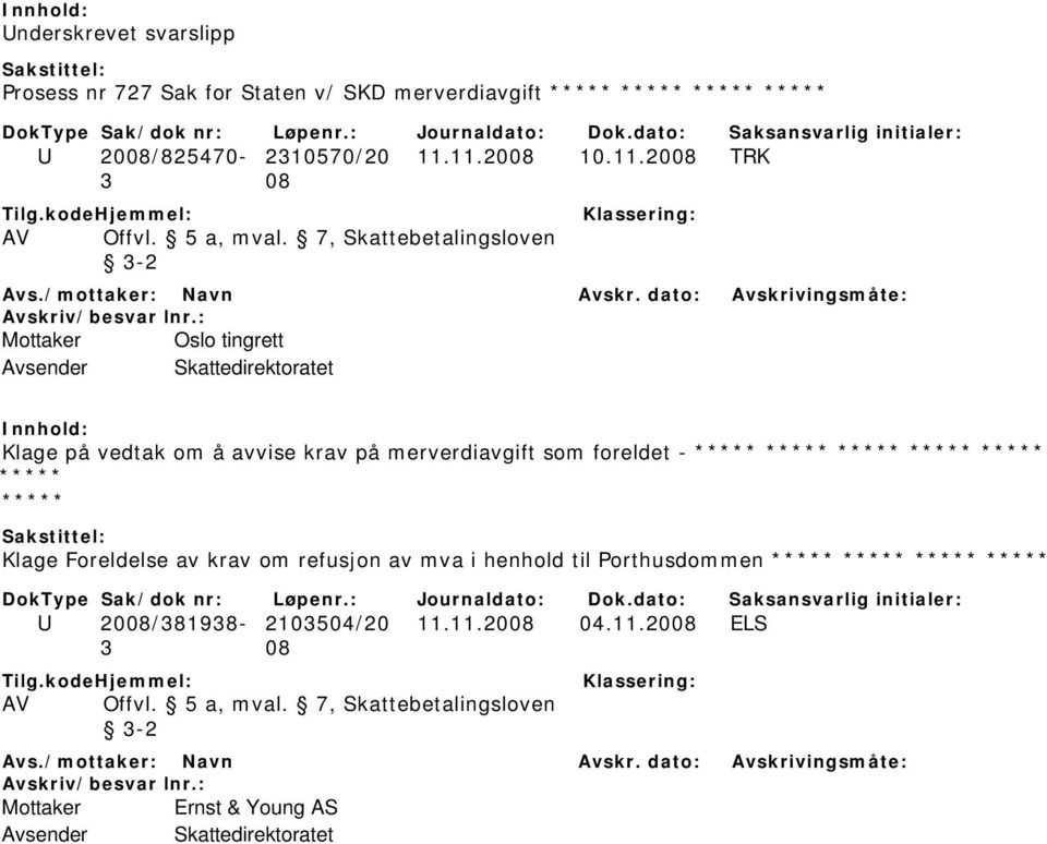 7, Skattebetalingsloven 3-2 Mottaker Oslo tingrett Avsender Skattedirektoratet Klage på vedtak om å avvise krav på merverdiavgift som foreldet - *****