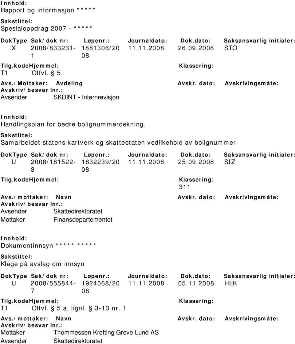 Samarbeidet statens kartverk og skatteetaten vedlikehold av bolignummer U 2008/181522-1832239/20 11.11.2008 25.09.