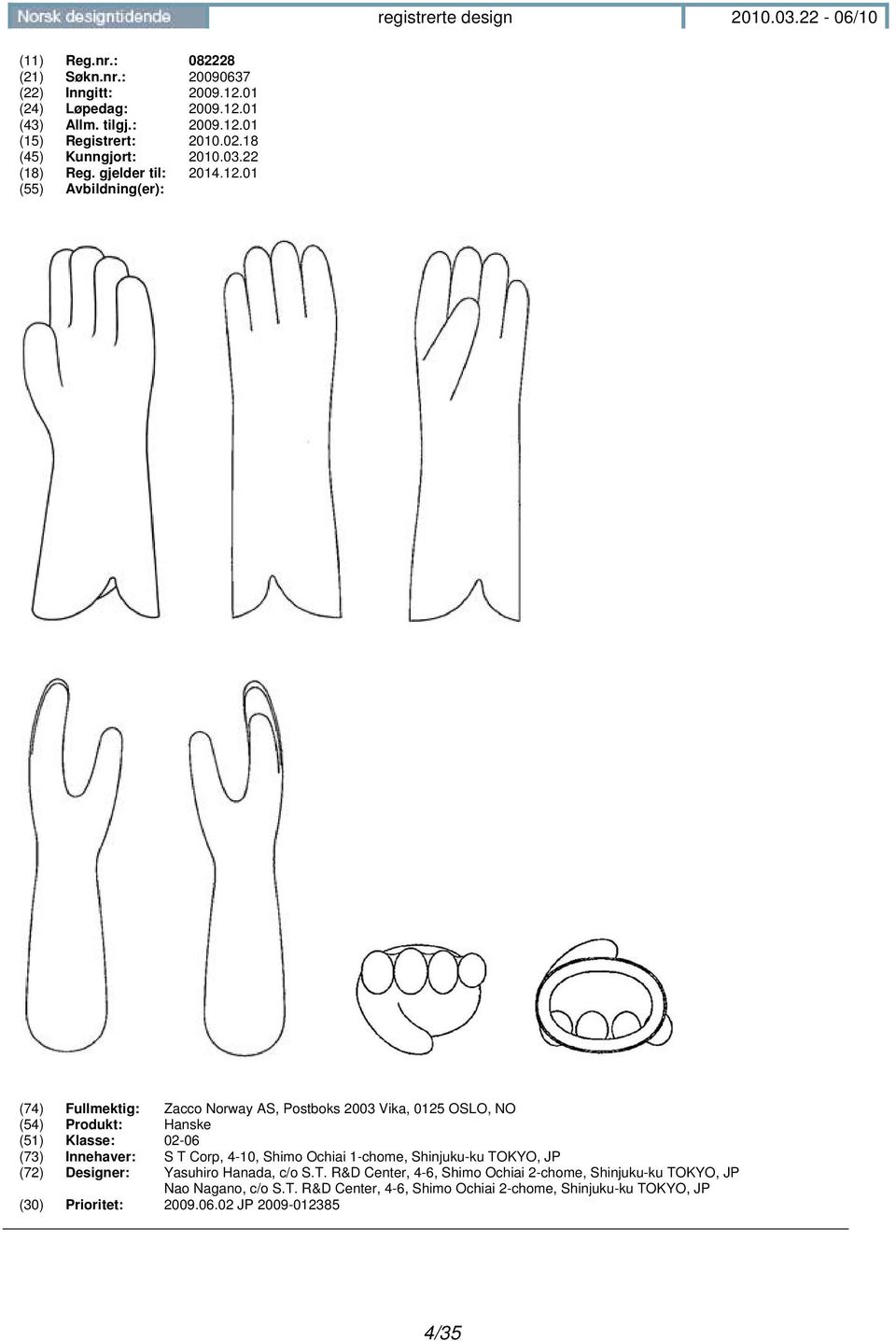 01 (74) Fullmektig: Zacco Norway AS, Postboks 2003 Vika, 0125 OSLO, NO (54) Produkt: Hanske (51) Klasse: 02-06 (73) Innehaver: S T Corp, 4-10, Shimo