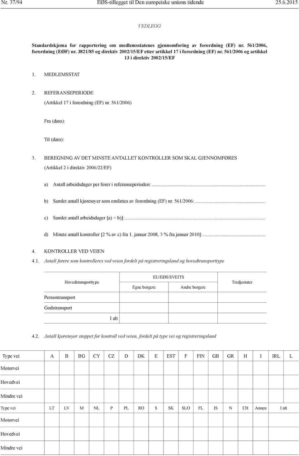 561/2006) Fra (dato): Til (dato): 3. BEREGNING AV DET MINSTE ANTALLET KONTROLLER SOM SKAL GJENNOMFØRES (Artikkel 2 i direktiv 2006/22/EF) a) Antall arbeidsdager per fører i referanseperioden:.