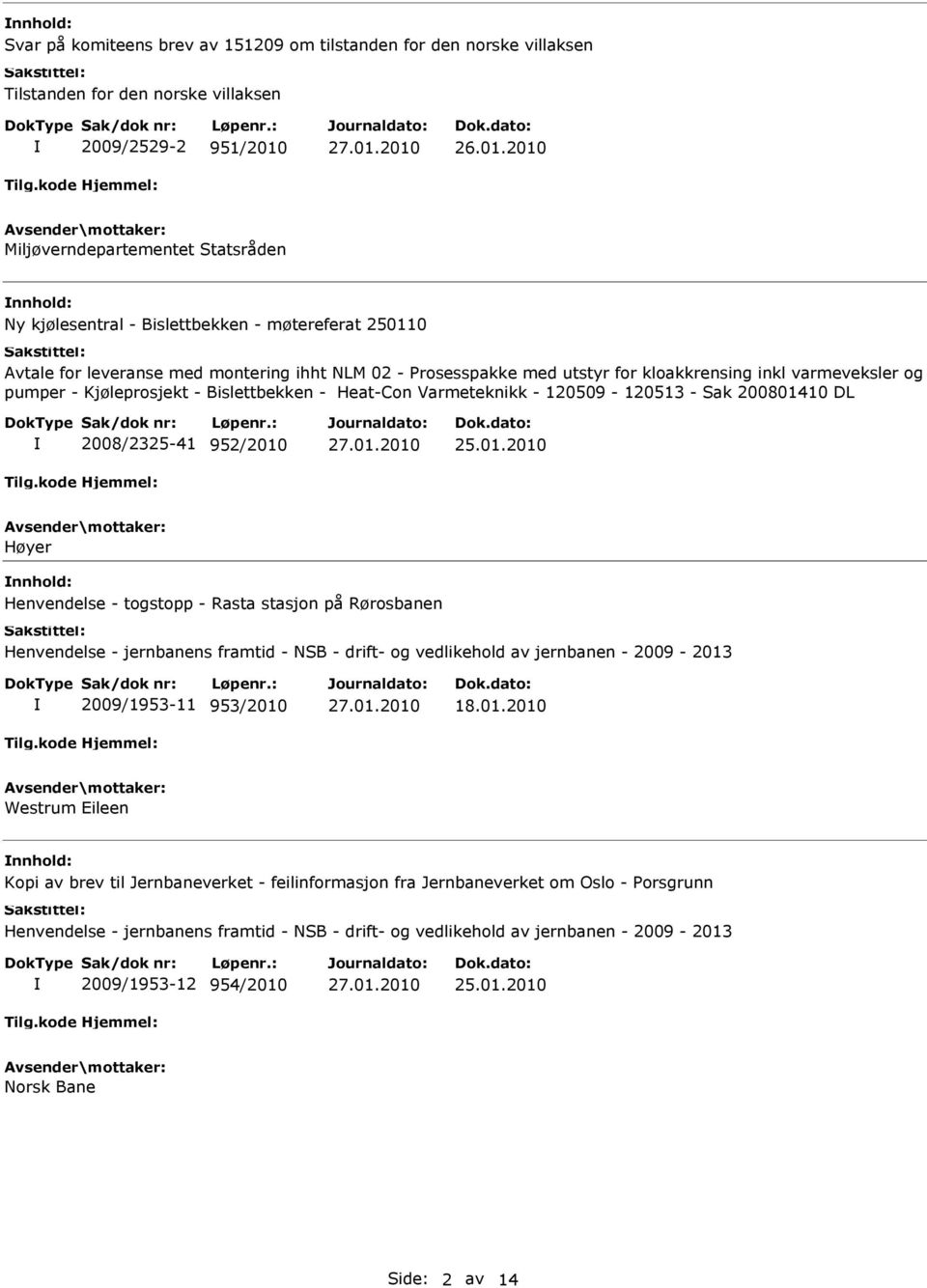 Varmeteknikk - 120509-120513 - Sak 200801410 DL 2008/2325-41 952/2010 Høyer nnhold: Henvendelse - togstopp - Rasta stasjon på Rørosbanen Henvendelse - jernbanens framtid - NSB - drift- og vedlikehold