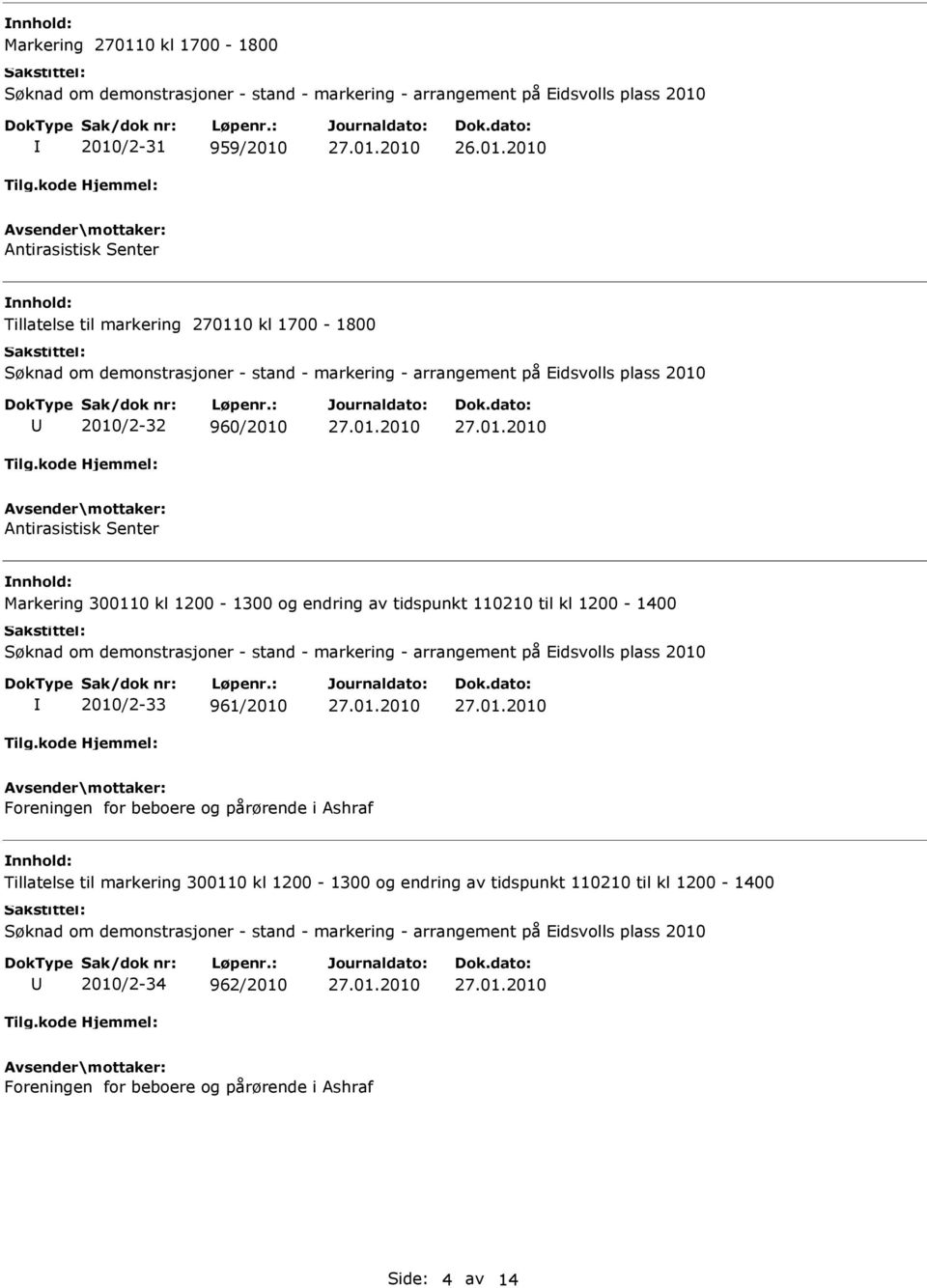 kl 1200-1400 2010/2-33 961/2010 Foreningen for beboere og pårørende i Ashraf nnhold: Tillatelse til markering 300110 kl