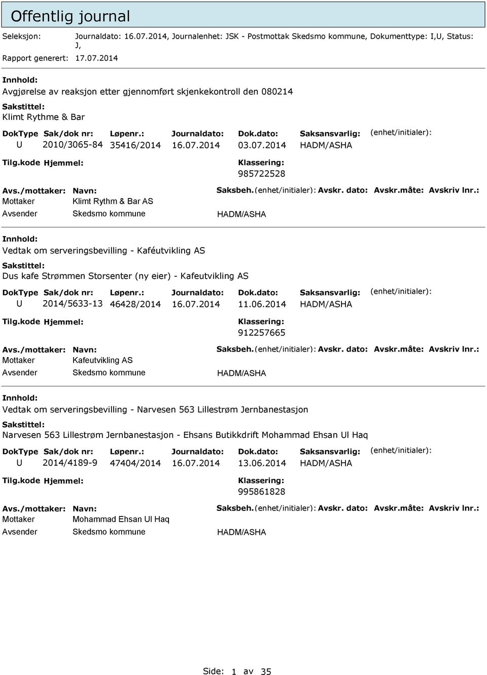 måte: Avskriv lnr.: Mottaker Klimt Rythm & Bar A HADM/AHA Vedtak om serveringsbevilling - Kaféutvikling A Dus kafe trømmen torsenter (ny eier) - Kafeutvikling A 2014/5633-13 46428/2014 11.06.