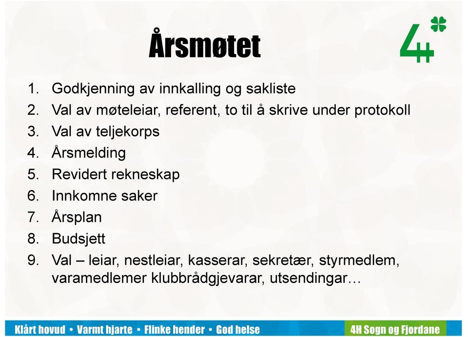 Val av teljekorps 4. Årsmelding 5. Revidert rekneskap 6. Innkomne saker 7.