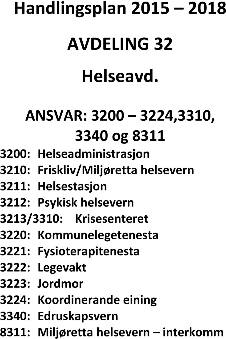 helsevern 3211: Helsestasjn 3212: Psykisk helsevern 3213/3310: Krisesenteret 3220: