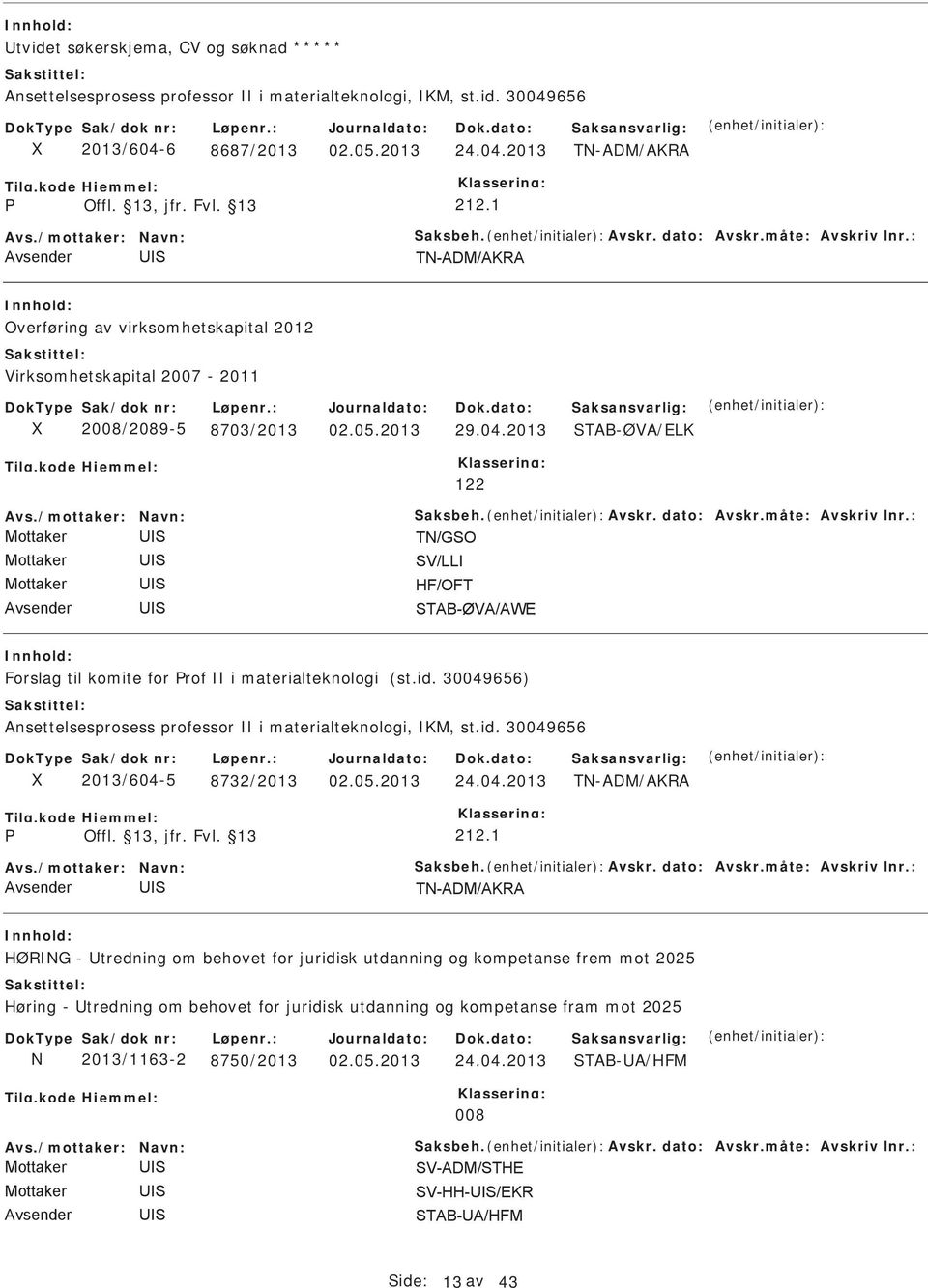 måte: Avskriv lnr.: Forslag til komite for rof i materialteknologi (st.id. 30049656) Ansettelsesprosess professor i materialteknologi, KM, st.id. 30049656 2013/604-5 8732/2013 24.04.2013 TN-ADM/AKRA 212.