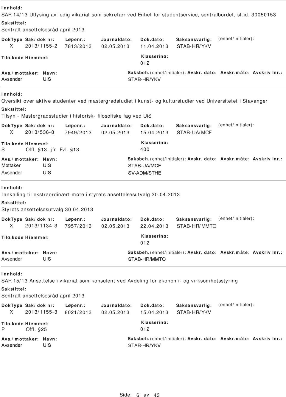 : Oversikt over aktive studenter ved mastergradstudiet i kunst- og kulturstudier ved niversitetet i tavanger Tilsyn - Mastergradsstudier i historisk- filosofiske fag ved i 2013/536-8 7949/2013 15.04.