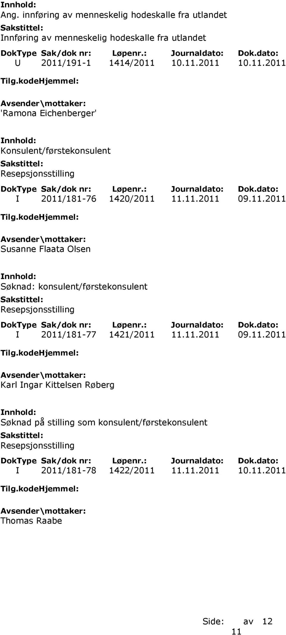 11.2011 09.11.2011 Karl Ingar Kittelsen Røberg Søknad på stilling som konsulent/førstekonsulent I 2011/181-78 1422/2011 11.