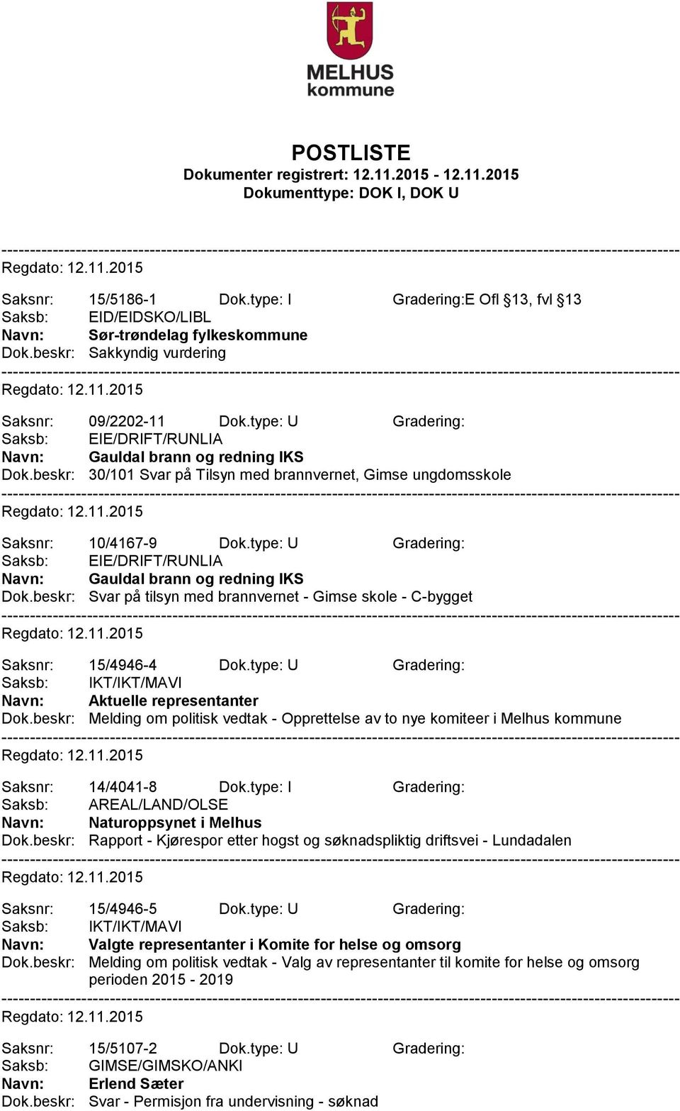 type: U Gradering: Saksb: EIE/DRIFT/RUNLIA Navn: Gauldal brann og redning IKS Dok.beskr: Svar på tilsyn med brannvernet - Gimse skole - C-bygget Saksnr: 15/4946-4 Dok.