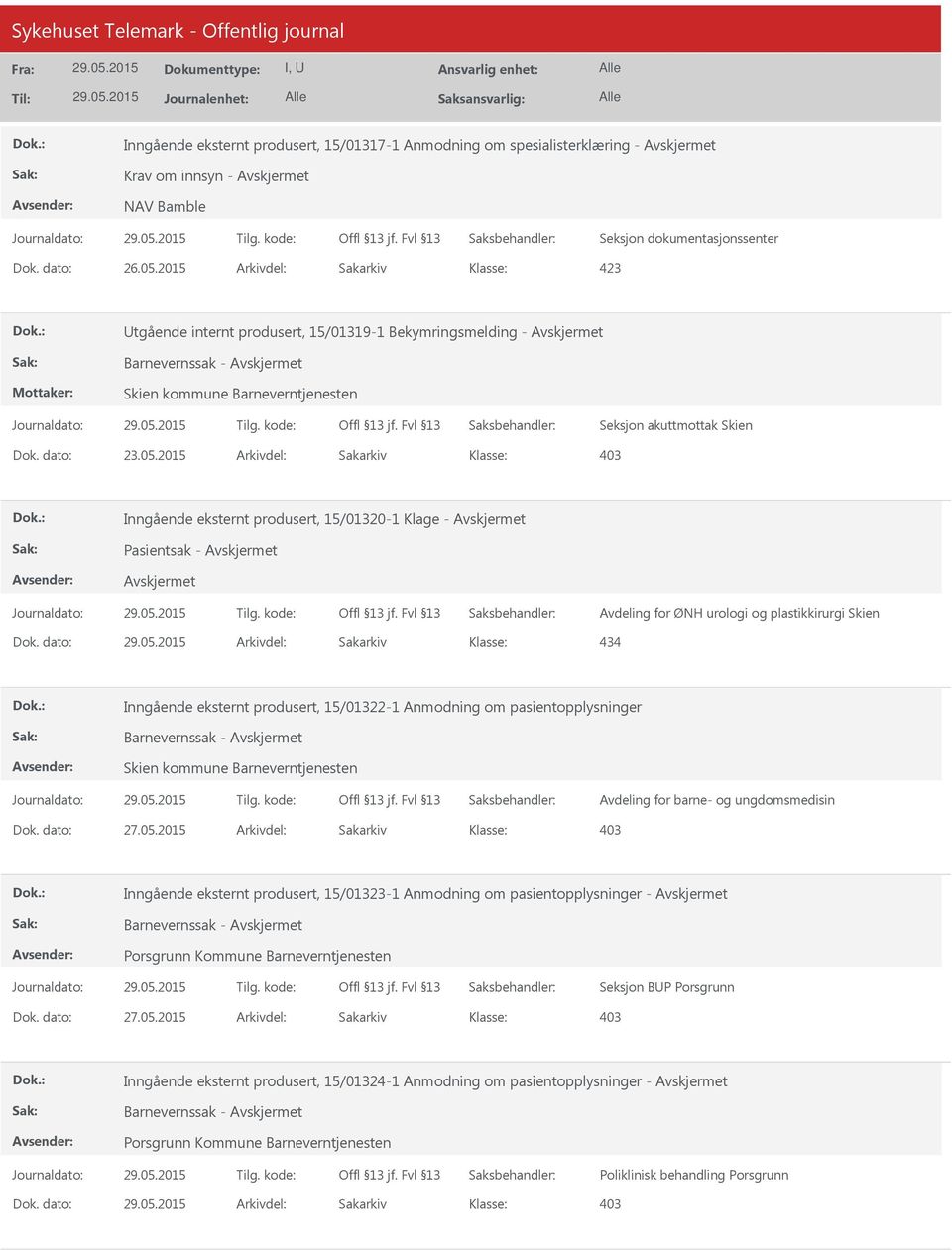 dato: Arkivdel: Sakarkiv 434 Inngående eksternt produsert, 15/01322-1 Anmodning om pasientopplysninger Barnevernssak - Skien kommune Barneverntjenesten Avdeling for barne- og ungdomsmedisin Inngående