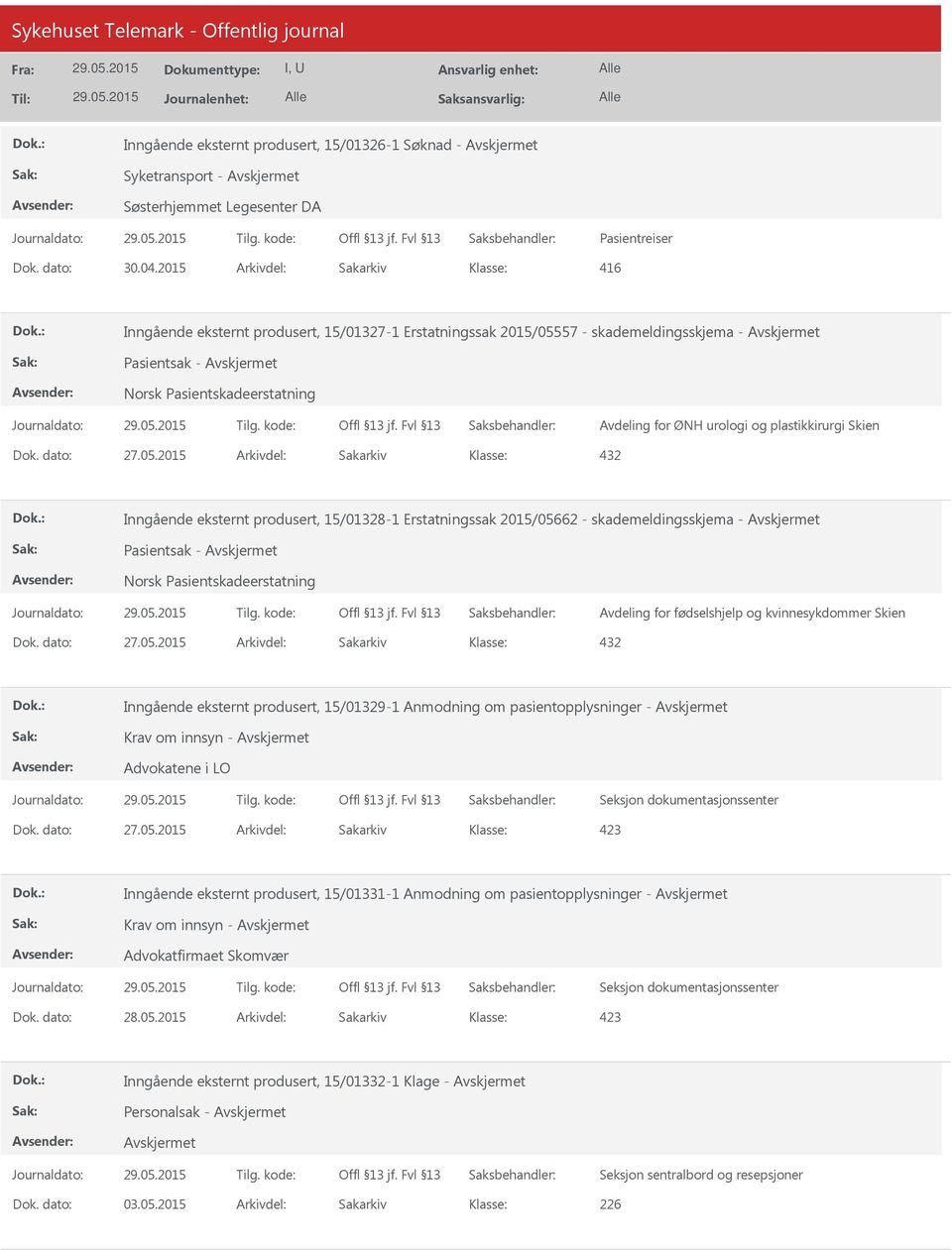 produsert, 15/01328-1 Erstatningssak 2015/05662 - skademeldingsskjema - Pasientsak - Avdeling for fødselshjelp og kvinnesykdommer Skien Inngående eksternt produsert, 15/01329-1 Anmodning om