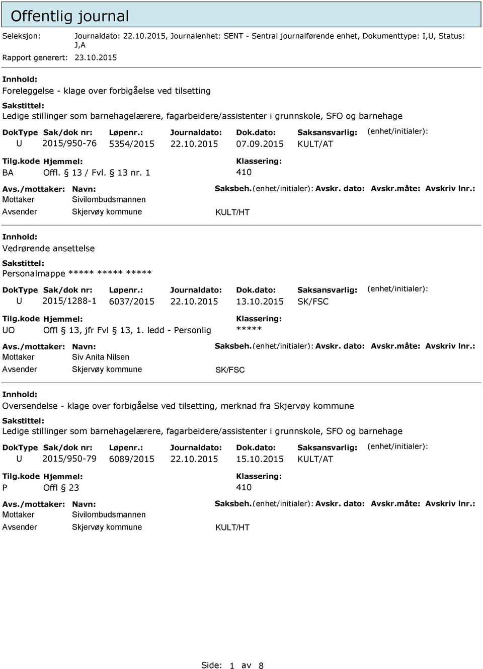 2015 BA 410 Mottaker Sivilombudsmannen KLT/HT Vedrørende ansettelse ersonalmappe 2015/1288-1 6037/2015 13.10.2015 SK/FSC O Offl 13, jfr Fvl 13, 1.