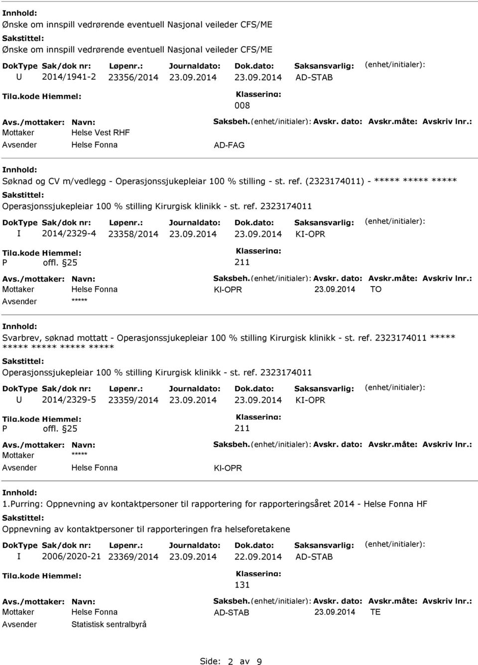 (2323174011) - ***** ***** ***** Operasjonssjukepleiar 100 % stilling Kirurgisk klinikk - st. ref. 2323174011 2014/2329-4 23358/2014 K-OR Avs./mottaker: Navn: Saksbeh. Avskr. dato: Avskr.