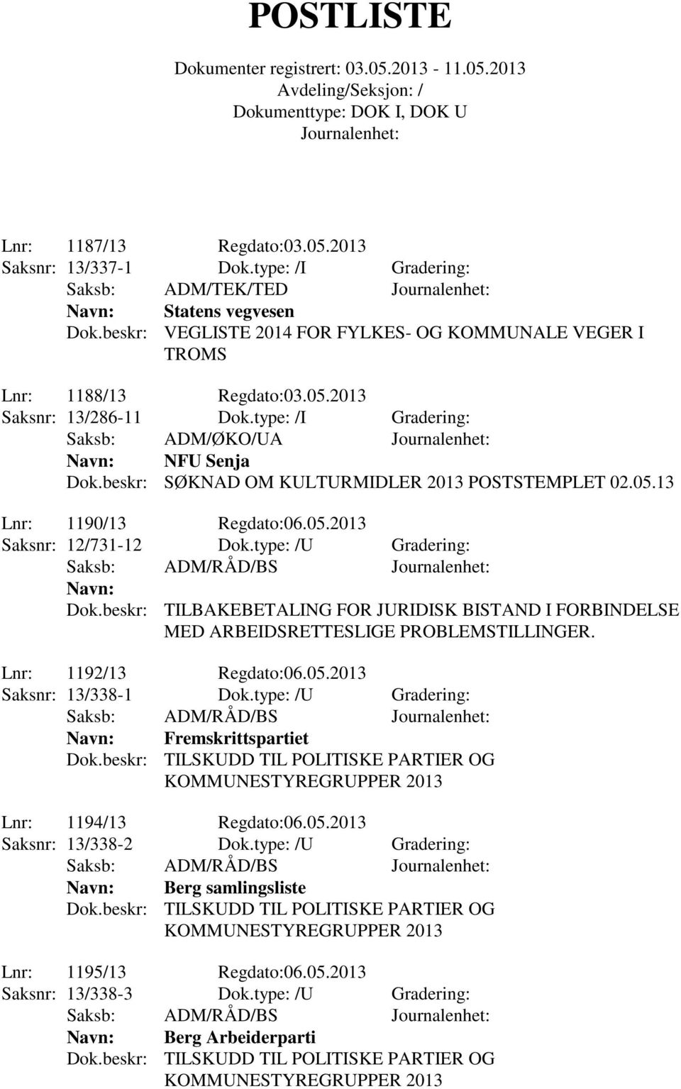 type: /U Gradering: Saksb: ADM/RÅD/BS Navn: Dok.beskr: TILBAKEBETALING FOR JURIDISK BISTAND I FORBINDELSE MED ARBEIDSRETTESLIGE PROBLEMSTILLINGER. Lnr: 1192/13 Regdato:06.05.2013 Saksnr: 13/338-1 Dok.