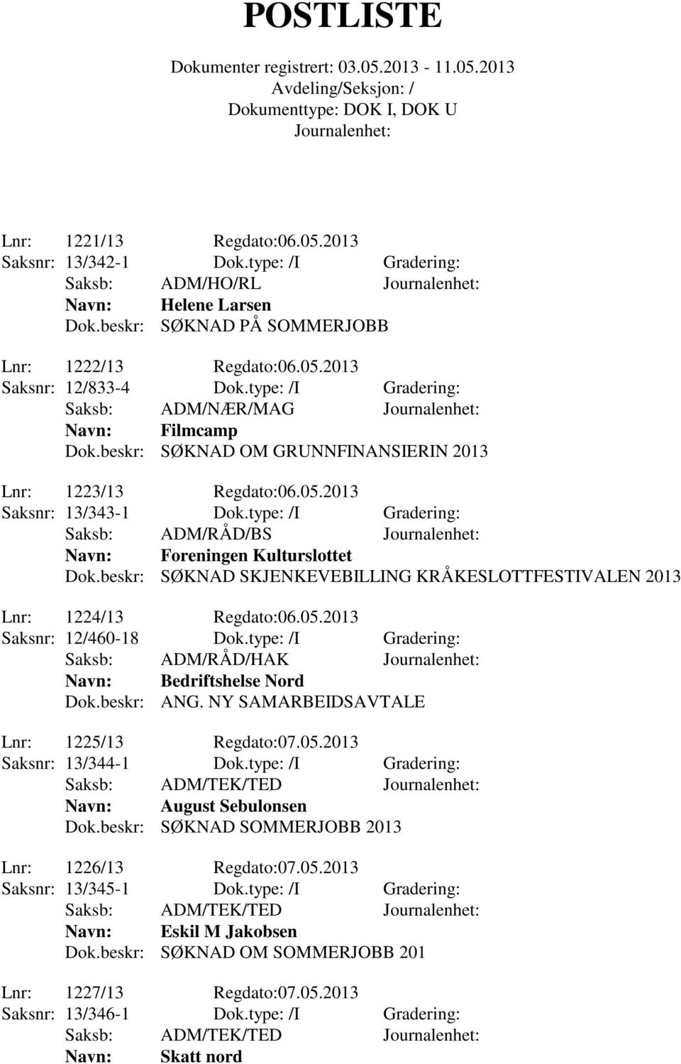 type: /I Gradering: Saksb: ADM/RÅD/BS Navn: Foreningen Kulturslottet Dok.beskr: SØKNAD SKJENKEVEBILLING KRÅKESLOTTFESTIVALEN 2013 Lnr: 1224/13 Regdato:06.05.2013 Saksnr: 12/460-18 Dok.