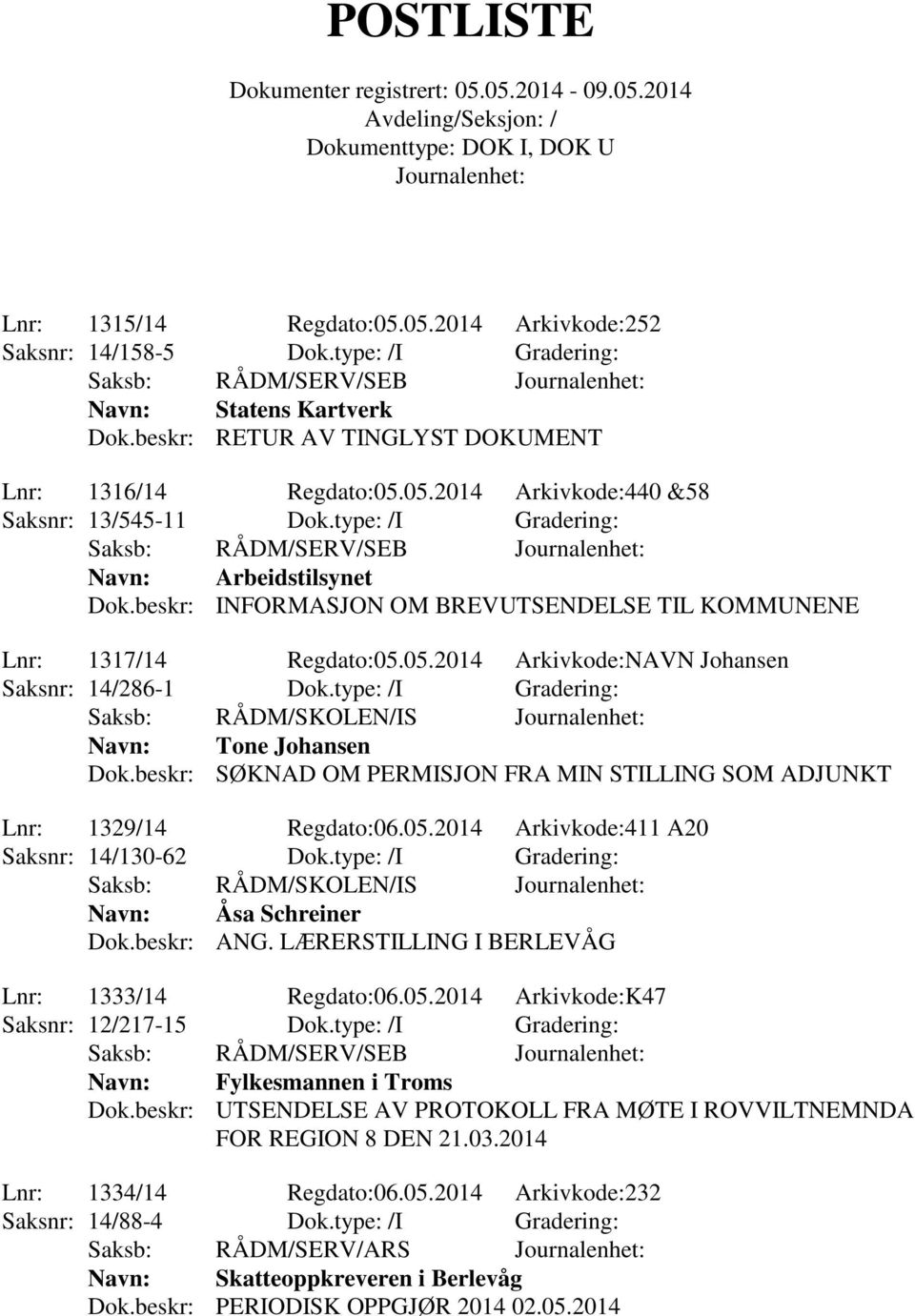 type: /I Gradering: Saksb: RÅDM/SKOLEN/IS Navn: Tone Johansen Dok.beskr: SØKNAD OM PERMISJON FRA MIN STILLING SOM ADJUNKT Lnr: 1329/14 Regdato:06.05.2014 Arkivkode:411 A20 Saksnr: 14/130-62 Dok.