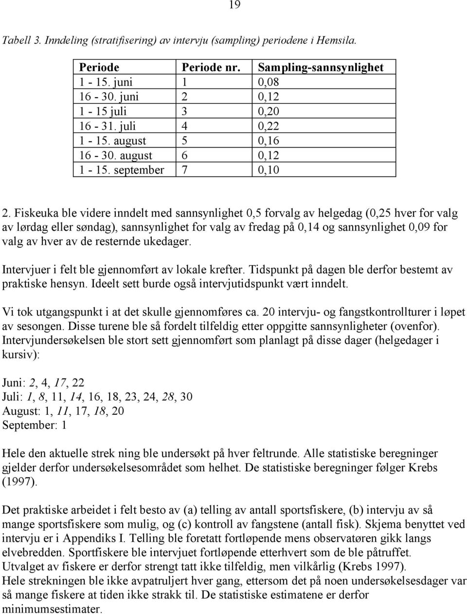 Fiskeuka ble videre inndelt med sannsynlighet,5 forvalg av helgedag (,5 hver for valg av lørdag eller søndag), sannsynlighet for valg av fredag på,14 og sannsynlighet,9 for valg av hver av de