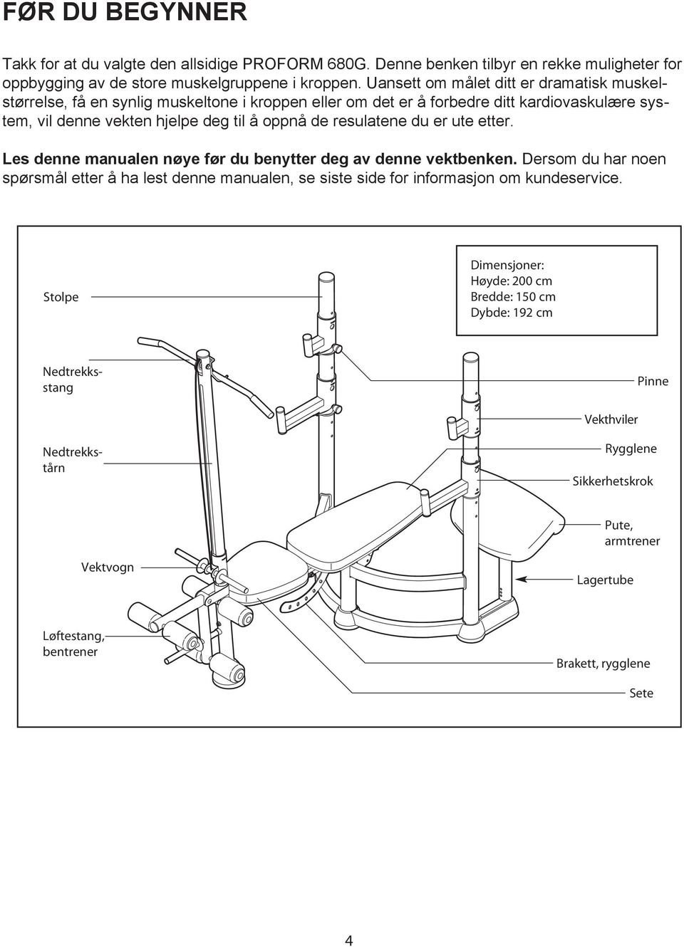 resulatene du er ute etter. Les denne manualen nøye før du benytter deg av denne vektbenken.