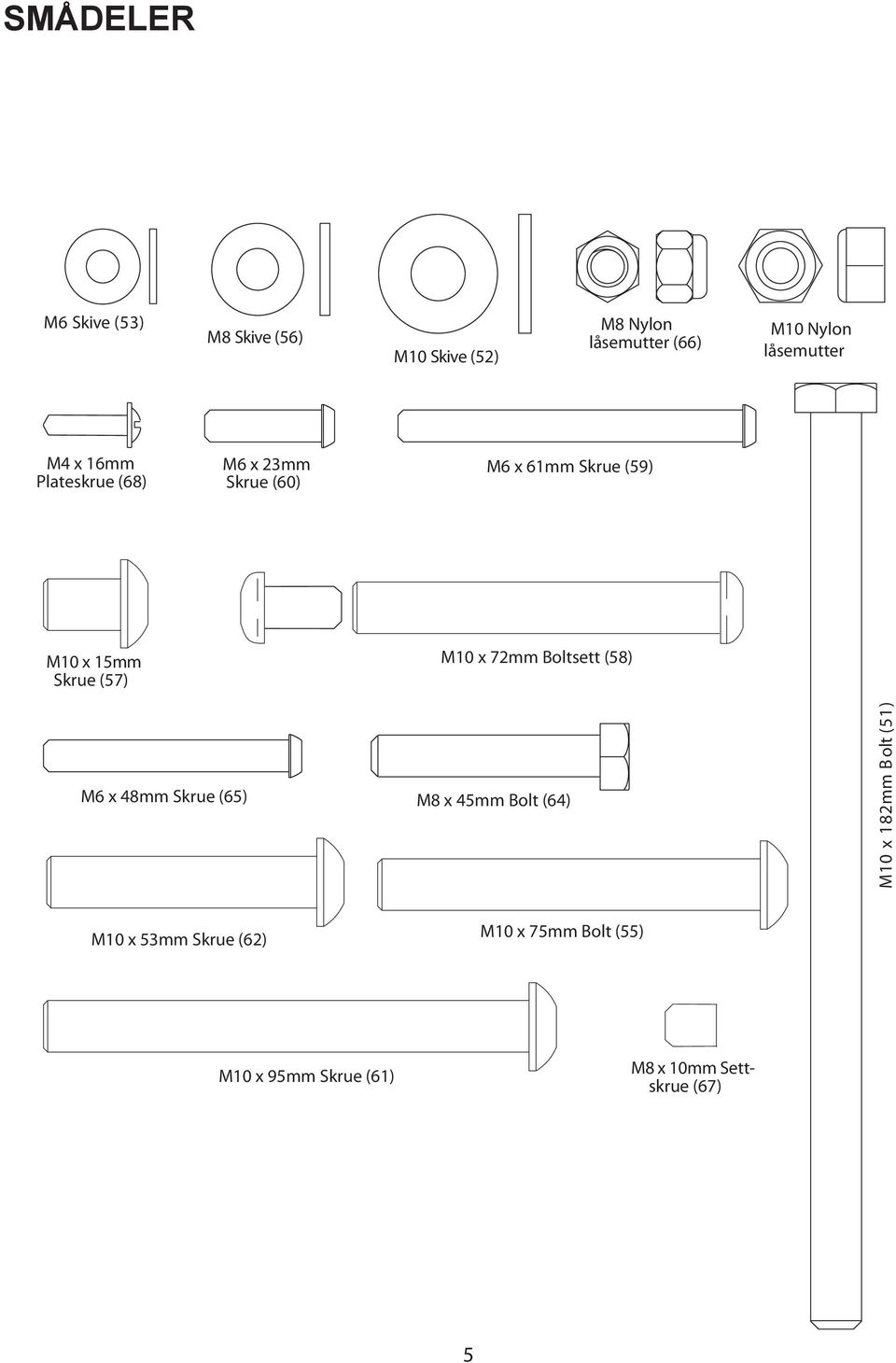 Skrue (57) M10 x 72mm Boltsett (58) M6 x 48mm Skrue (65) M8 x 45mm Bolt (64) M10 x 182mm