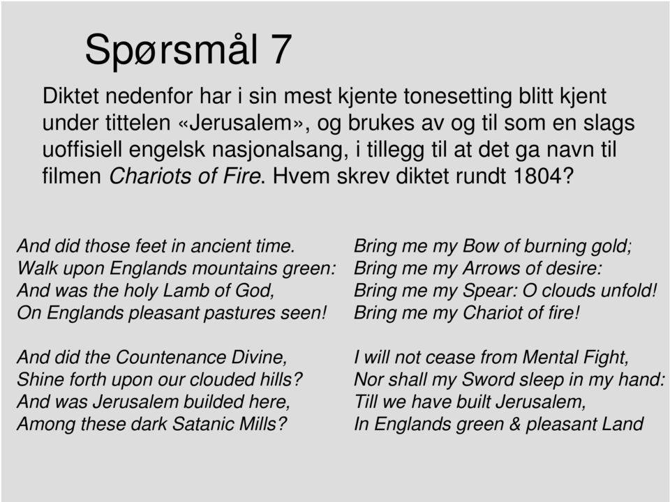 And did the Countenance Divine, Shine forth upon our clouded hills? And was Jerusalem builded here, Among these dark Satanic Mills?