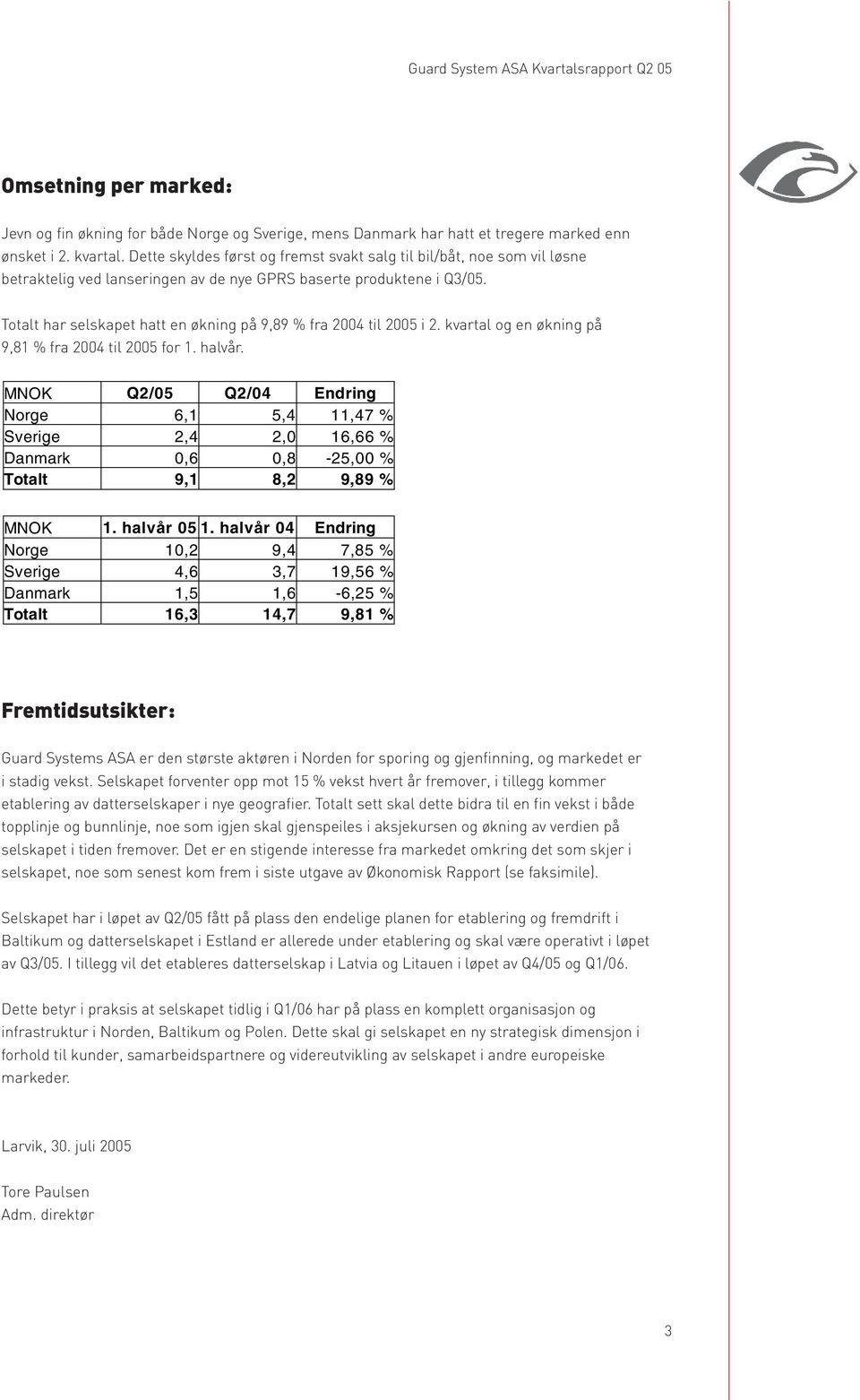 Totalt har selskapet hatt en økning på 9,89 % fra 2004 til 2005 i 2. kvartal og en økning på 9,81 % fra 2004 til 2005 for 1. halvår.