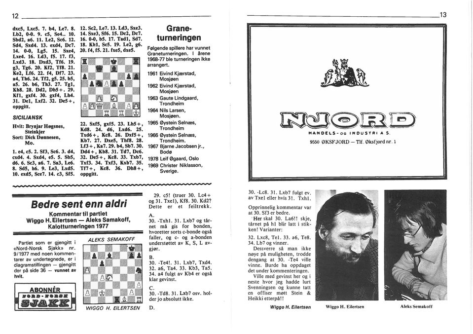 SICILIA NSK Hvt: Brynjar Høgsnes, Stenkjer Sort: Dck Dønnesen, Mo. 1. e4, cs. 2. Sf3, 5c6. 3. d4, cxd4. 4. Sxd4, e5. 5. Sb5, d6. 6. Sc3, a6. 7. Sa3, Le6. 8. SdS, h6. 9. Le3, Lxd5. 1. exd5, Sce7. 14.