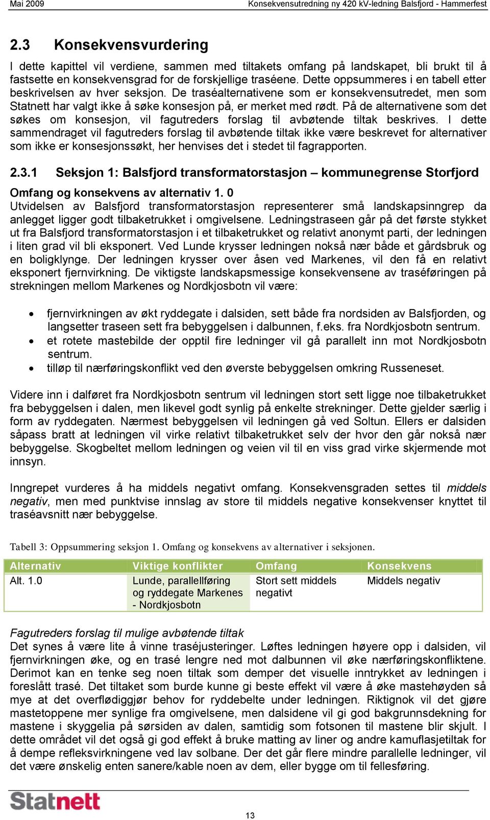 På de alternativene som det søkes om konsesjon, vil fagutreders forslag til avbøtende tiltak beskrives.