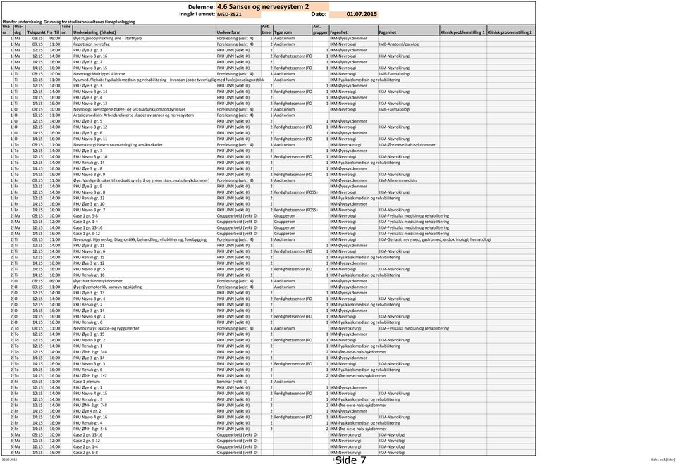 grupper Fagenhet Fagenhet Klinisk problemstilling 1 Klinisk problemstilling 2 1 Ma 08:15 09:00 Øye: Gjenoppfriskning øye - starthjelp Forelesning (vekt 4) 1 Auditorium IKM-Øyesykdommer 1 Ma 09:15