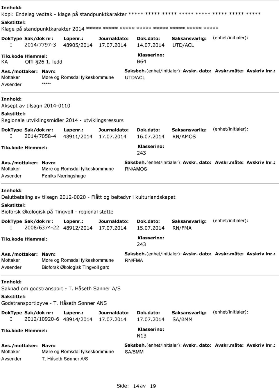 ledd B64 Mottaker Møre og Romsdal fylkeskommune TD/ACL ***** Aksept av tilsagn 2014-0110 Regionale utviklingsmidler 2014 - utviklingsressurs 2014/7058-4 48911/2014 16.07.