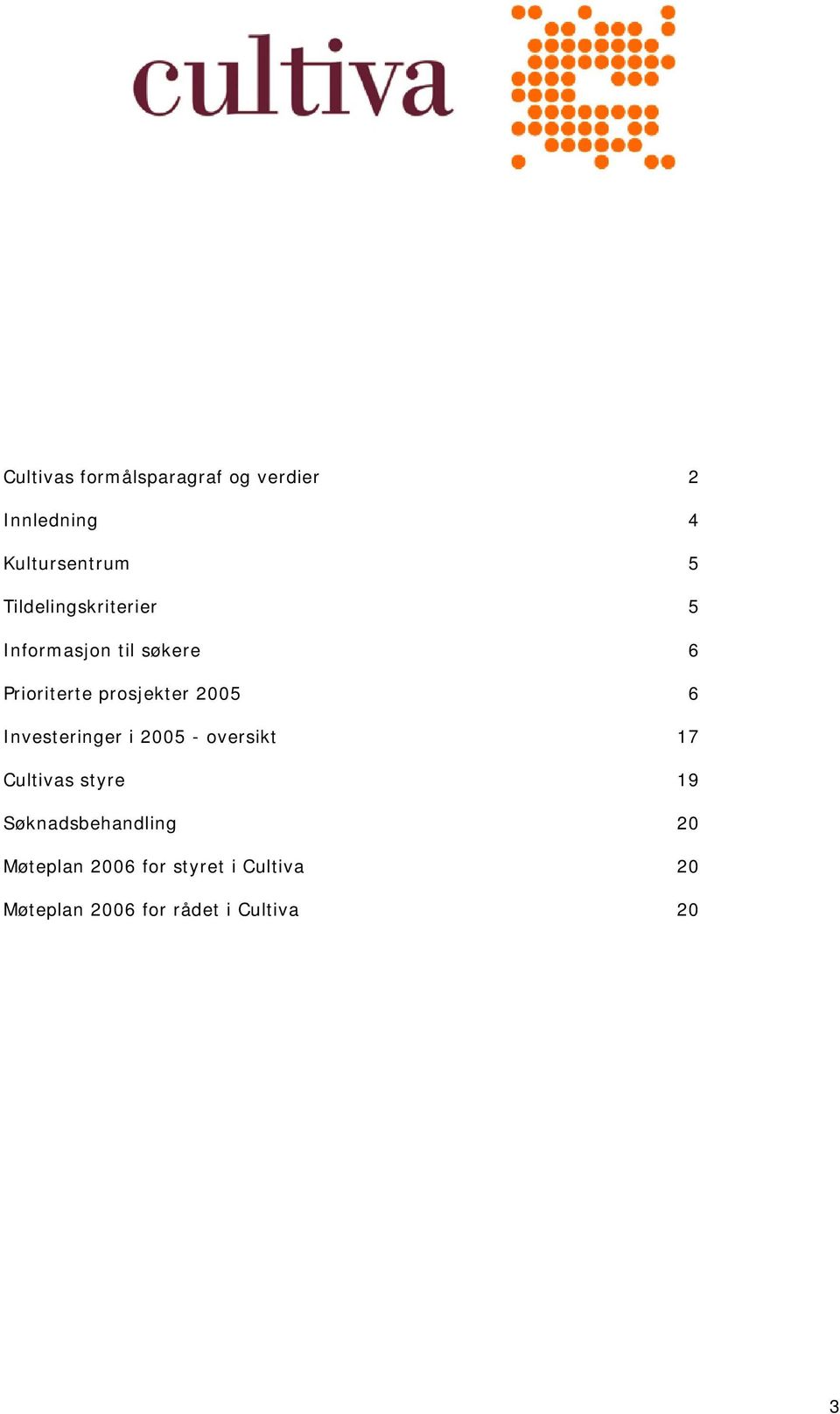 2005 6 Investeringer i 2005 - oversikt 17 Cultivas styre 19