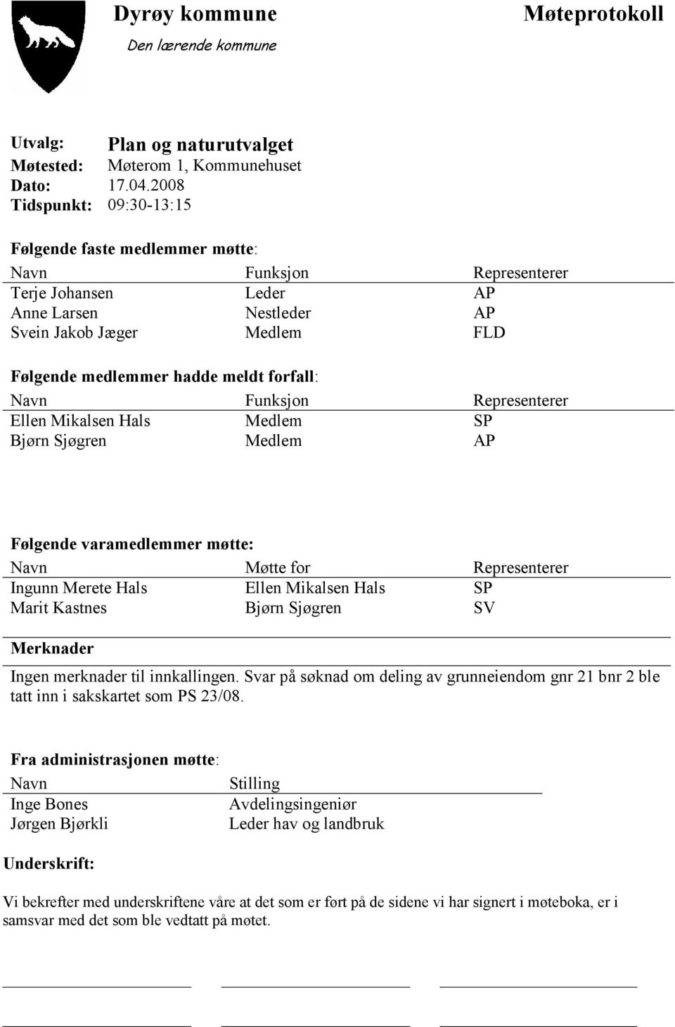 forfall: Navn Funksjon Representerer Ellen Mikalsen Hals Medlem SP Bjørn Sjøgren Medlem AP Følgende varamedlemmer møtte: Navn Møtte for Representerer Ingunn Merete Hals Ellen Mikalsen Hals SP Marit