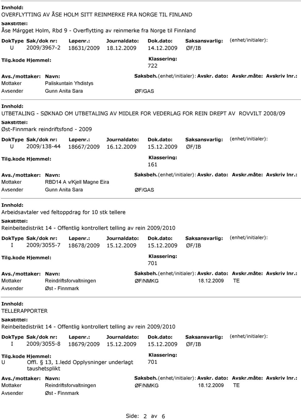 161 Mottaker RBD14 A v/kjell Magne Eira Gunn Anita Sara Arbeidsavtaler ved feltoppdrag for 10 stk tellere Reinbeitedistrikt 14 - Offentlig kontrollert telling av rein 2009/2010 2009/3055-7 18678/2009