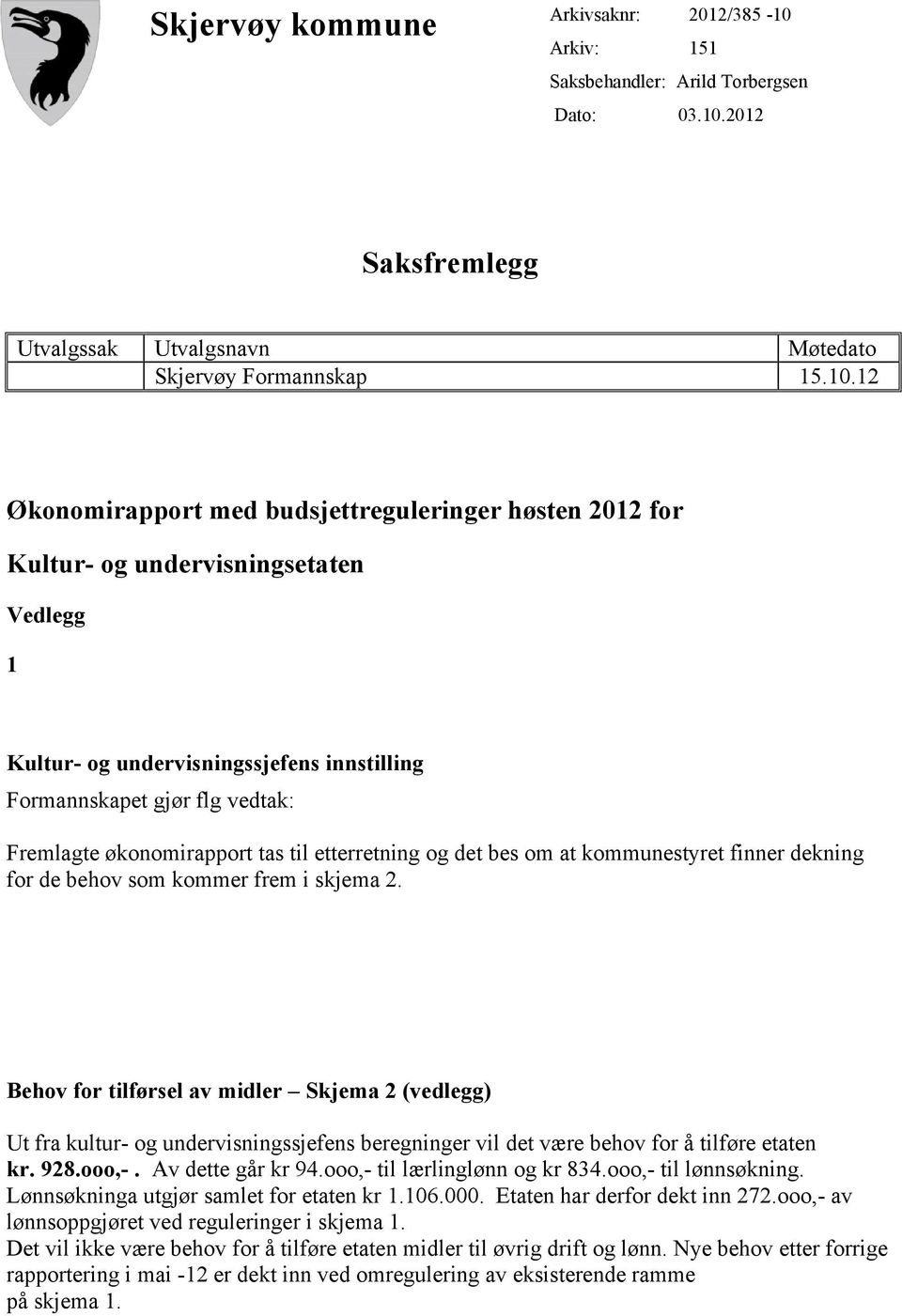 2012 Saksfremlegg Utvalgssak Utvalgsnavn Møtedato Skjervøy Formannskap 15.10.