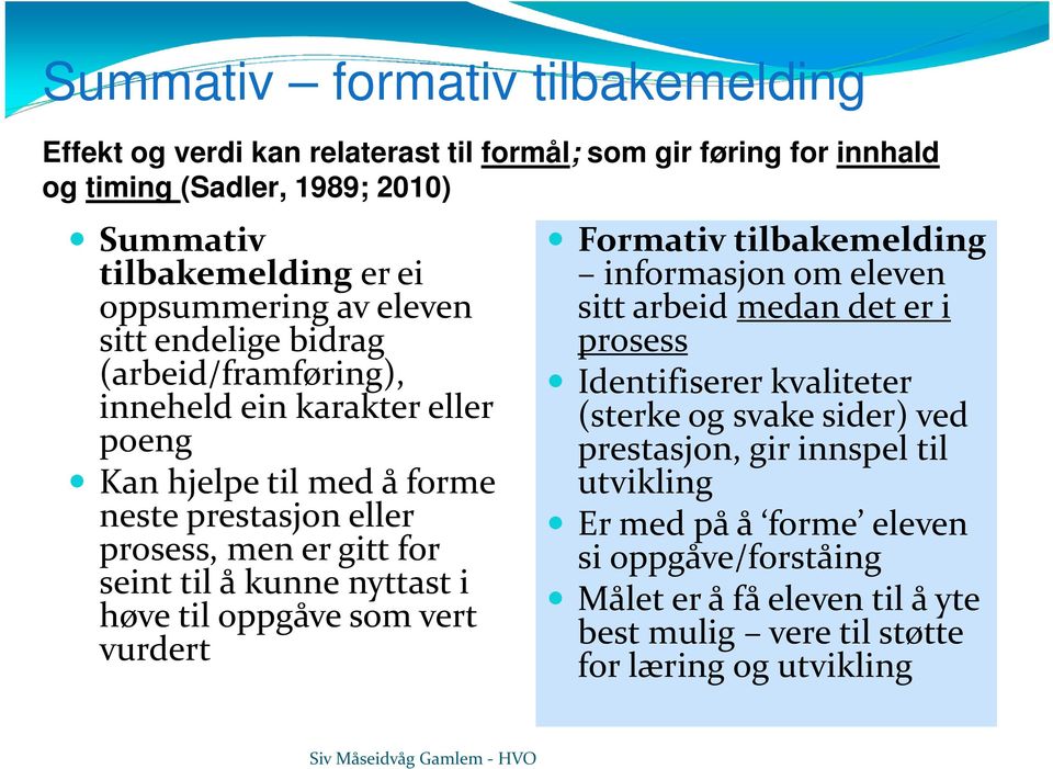 seint til å kunne nyttast i høve til oppgåve som vert vurdert Formativ tilbakemelding informasjon om eleven sitt arbeid medan det er i prosess Identifiserer kvaliteter